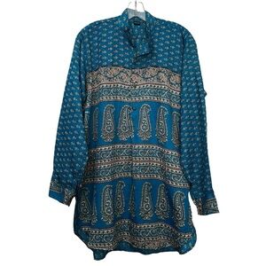 Jedzebel Medium Blue Paisley Floral Long Sleeve Button Down Tunic Shirt R5